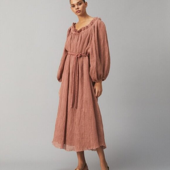 Tory Burch Ruffle Neck Crepe Linen Mauve Dress Size Large - Picture 1 of 8